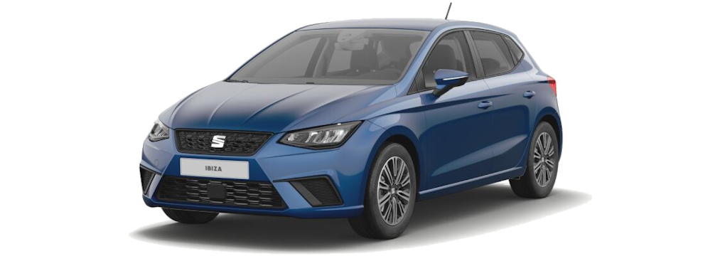 blauer SEAT Ibiza 3/4 Frontansicht